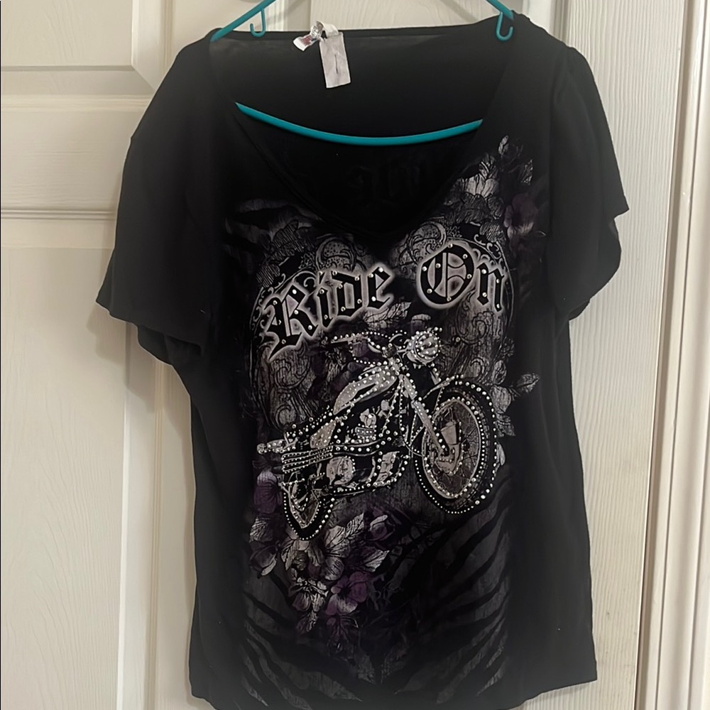 Black Graphic Tee with Motorcycle Design